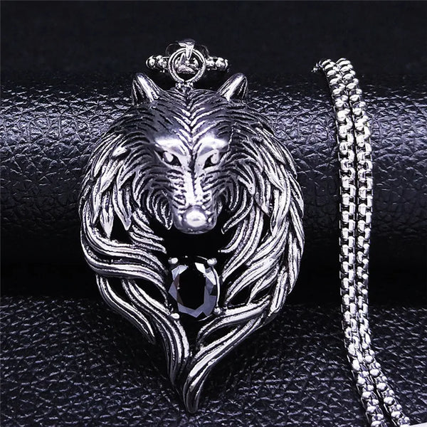 Fashion Wolf Crystal Stainless Steel Necklaces Silver Color Long Chain Necklace