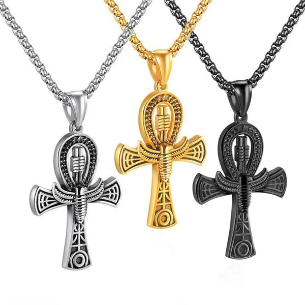 Ancient Egyptian Cross Pendant Chain Ankh With Scarab Charm Men Cross Pendant Necklace