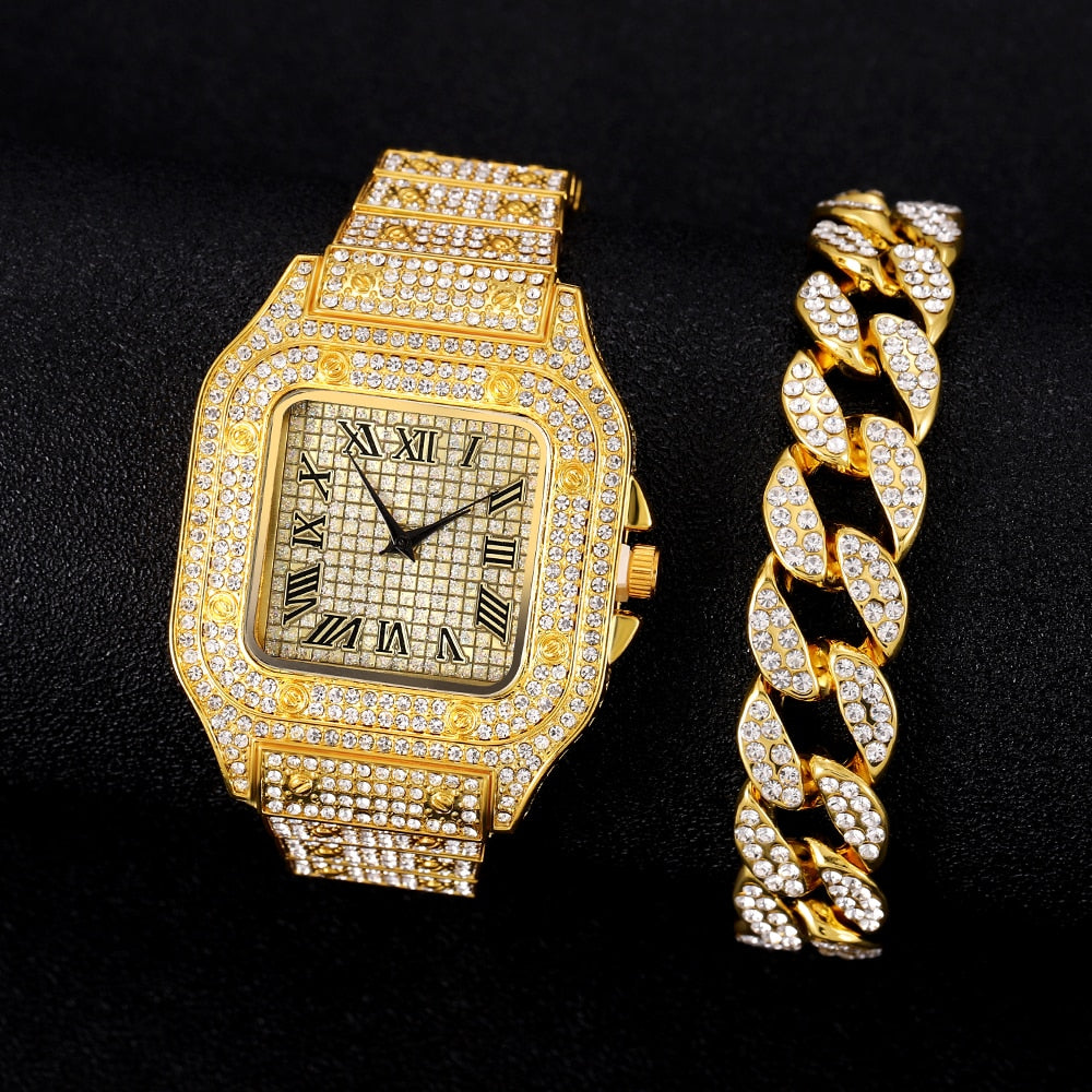 Mens Diamond Watch Bracelet for Men Luxury Iced Out Gold Watch