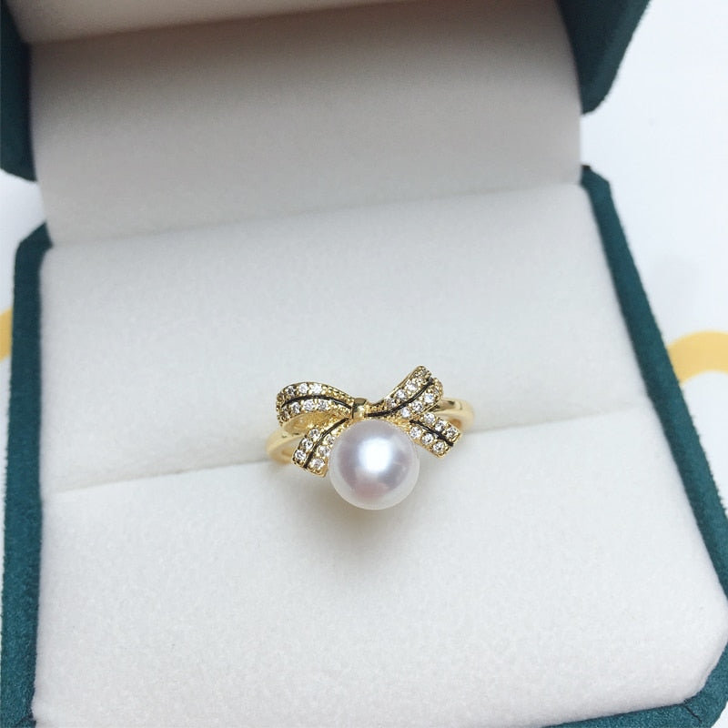 Real Natural Pearl Ring New Ins Personality Exquisite Bow 14K Gold Gild Design Female Girl Ring