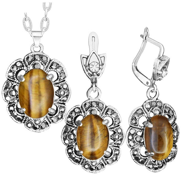 Plum Flower Pendant Natural Tiger Eye Necklace Earrings Jewelry Set