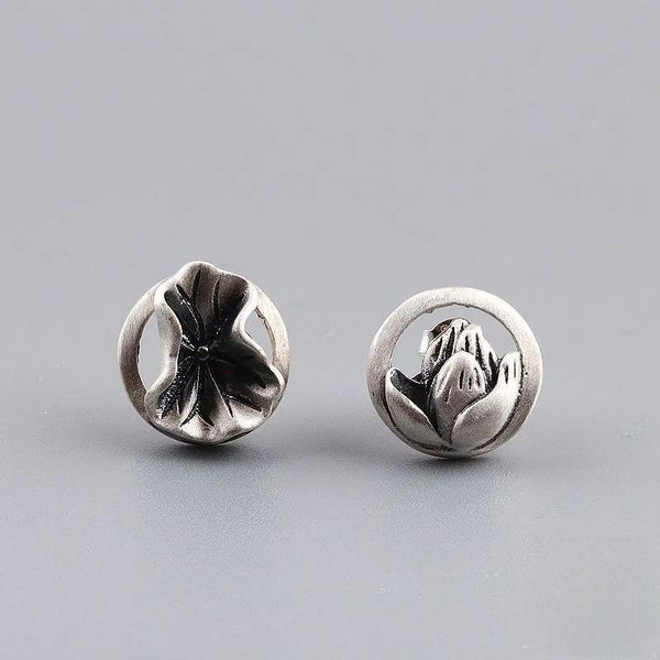 925 Sterling Silver Creative Retro Asymmetry Lotus Stud Earring