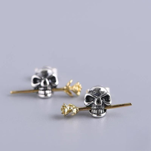 925 Sterling Silver Creative Retro Skull Flower Stud Earring