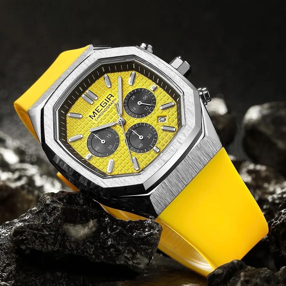 Yellow Sport Watch Men Military Sport Chronograph Quartz Wristwatch