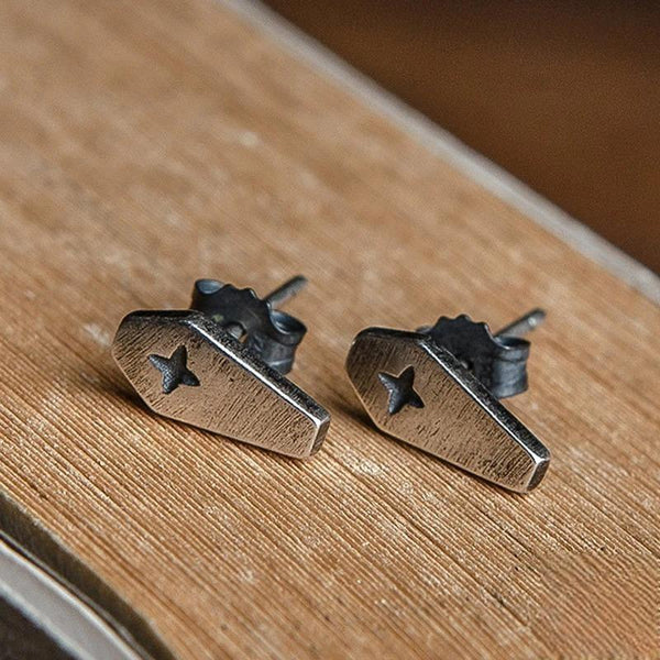 925 Sterling Silver Creative Retro Death Cross Coffin Stud Earrings