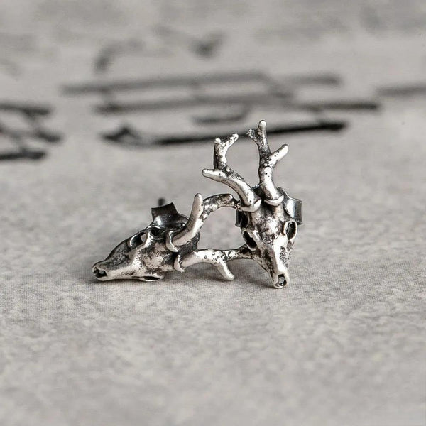 925 Sterling Silver Creative Retro Deer Head Skull Stud Earring