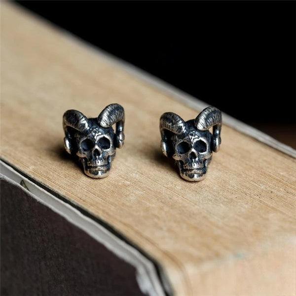 925 Sterling Silver Creative Retro Evil Satan Skull Stud Earring