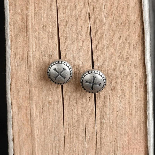 925 Sterling Silver Creative Retro Lucky Buttons Cross Stud Earring Punk Street Style For Men Women