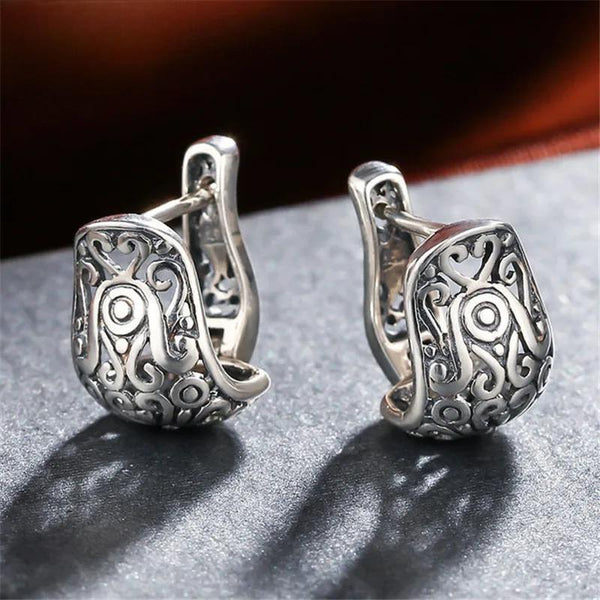 Vintage Style Hollow Hoop earrings Real Pure 925 Sterling Silver Floral Earrings Women