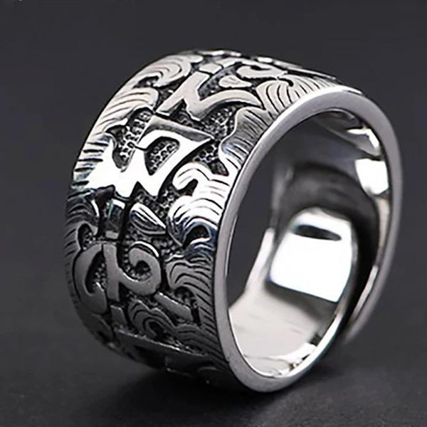 Genuine Silver 925 Six Word Ring For Men Big Wide Open Rings Buddha Clear Engraved