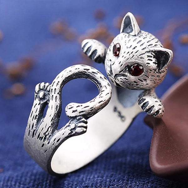 Real 990 Sterling Silver Cat Ring Vintage Thai Silver Animal Cat Rings For Women