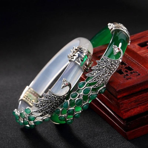 S925 Sterling Silver Bracelet Women Thai Silver Natural Stone Bangle Vintage Peacock Animal Bracelet