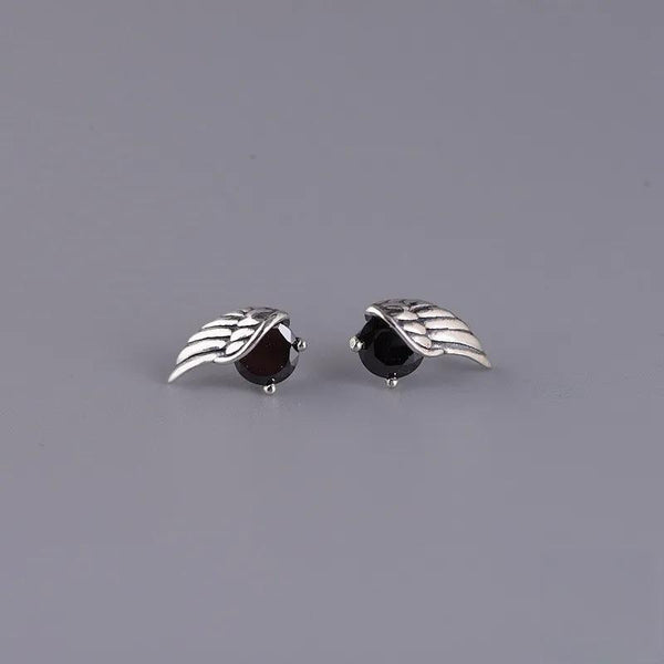 925 Sterling Silver Retro Feather Black Zircon Stud Earrings For Men Women