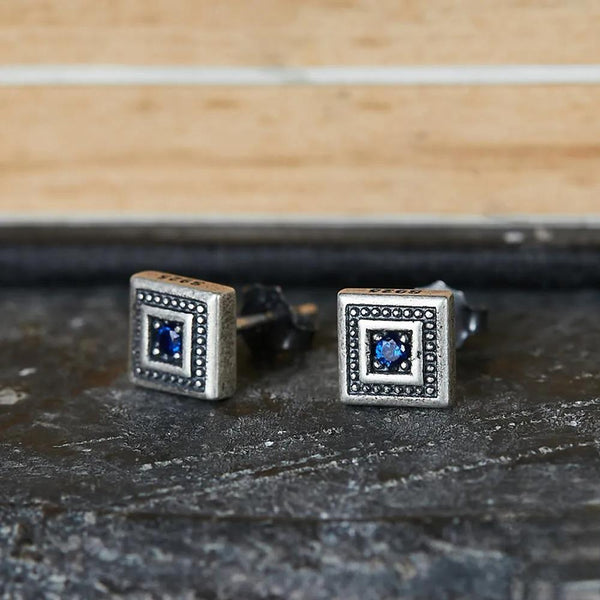 Gothic Style 925 Sterling Silver Retro Square Blue Zircon Stud Earrings