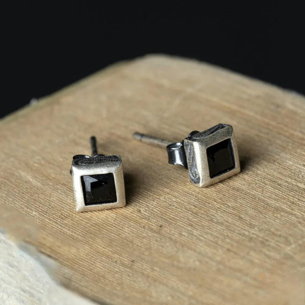 925 Sterling Silver Retro Square Black Zircon Stud Earrings For Men Women