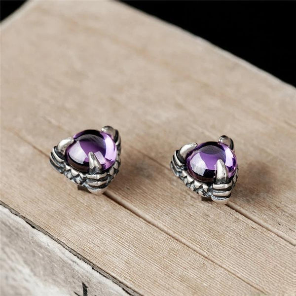 925 Sterling Silver Earrings Men Women Vintage Dragon Claw Garnet Stud Earrings