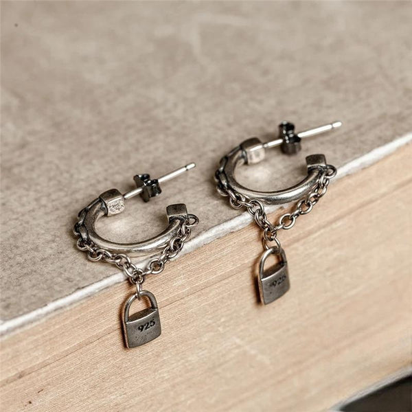 925 Sterling Silver Creative Retro Tassel Lock Chain Stud Earrings Men Women