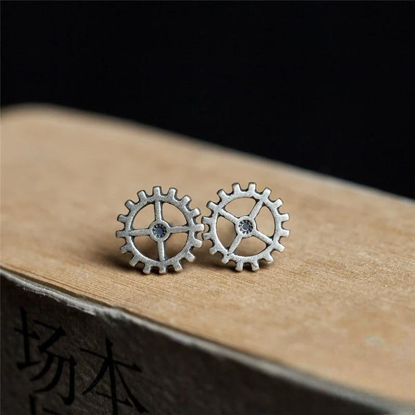 925 Sterling Silver Men Women Metal Punk Steam Rock Gear Stud Earrings