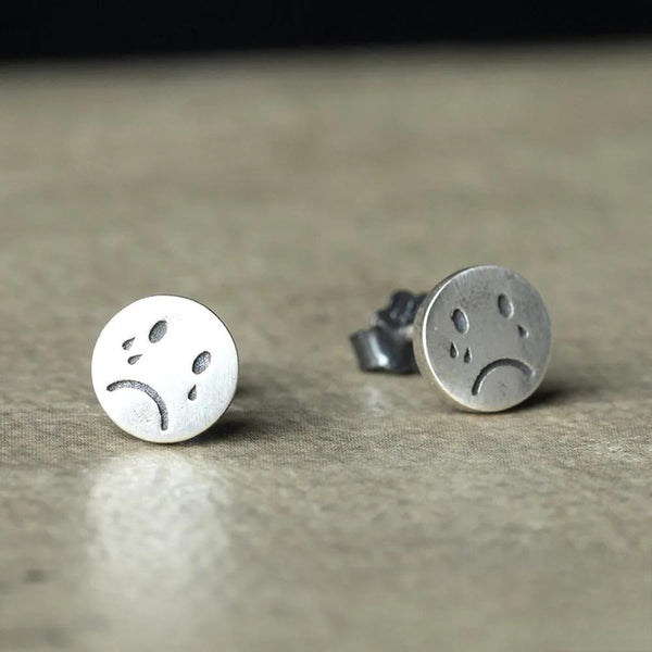 Real 925 Sterling Silver Crying Face Stud Earrings