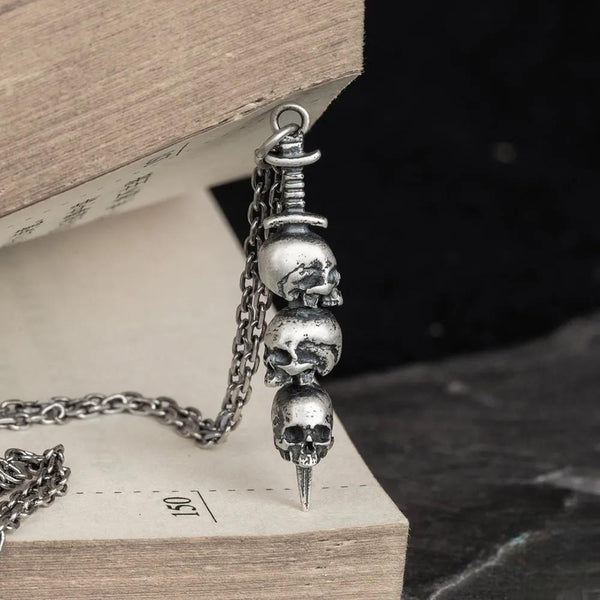 Gothic Style 100% 925 Sterling Silver Creative Retro Sword Piercing Skull Pendant Necklace For Men