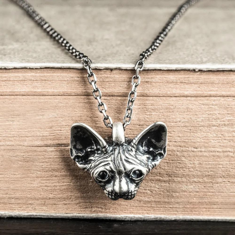 925 Sterling Silver Sphinx hairless Siamese Cat With Blue Eyes Pendant Necklace For Men Women