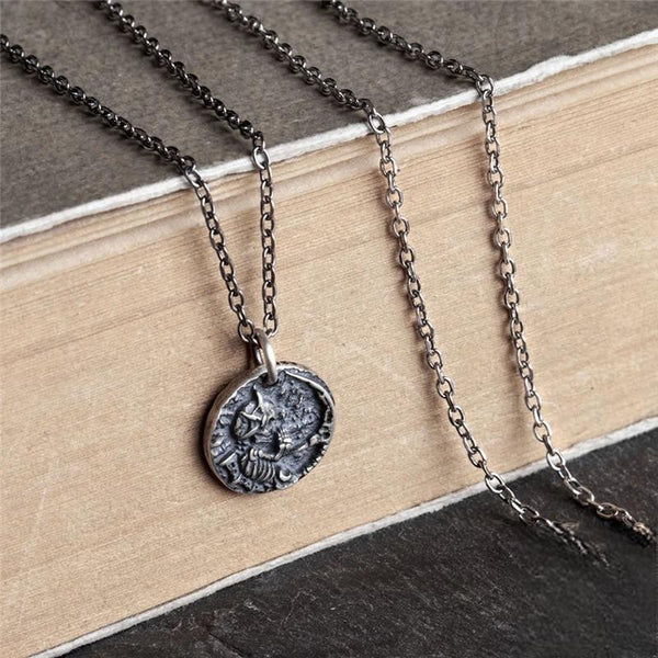 Men's Skull Necklace Gothic 925 Sterling Silver Little Devil Coin Pendant Necklace