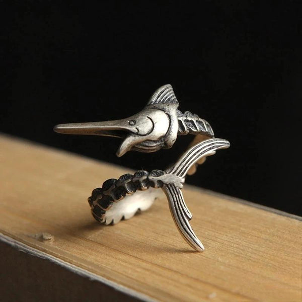 Men Women Retro Personality Gothic Old Man And The Sea Marlin Fish Open Ring