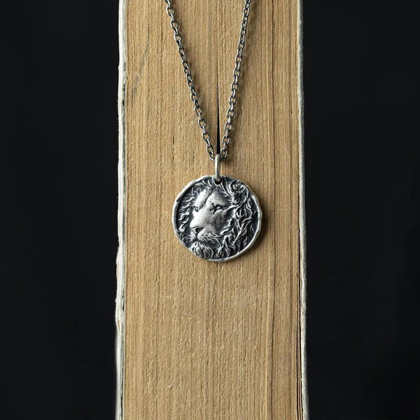 Punk Style 100% 925 Sterling Silver Creative Retro Lion Head Coin Pendant Necklace