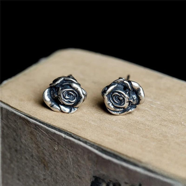 925 Sterling Silver Retro Black Death Rose Flower Stud Earrings