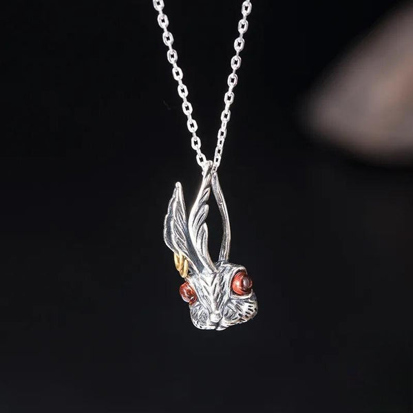 925 Sterling Silver Punk Rock Long Ears Red Eyes Rabbit Pendant For Necklace