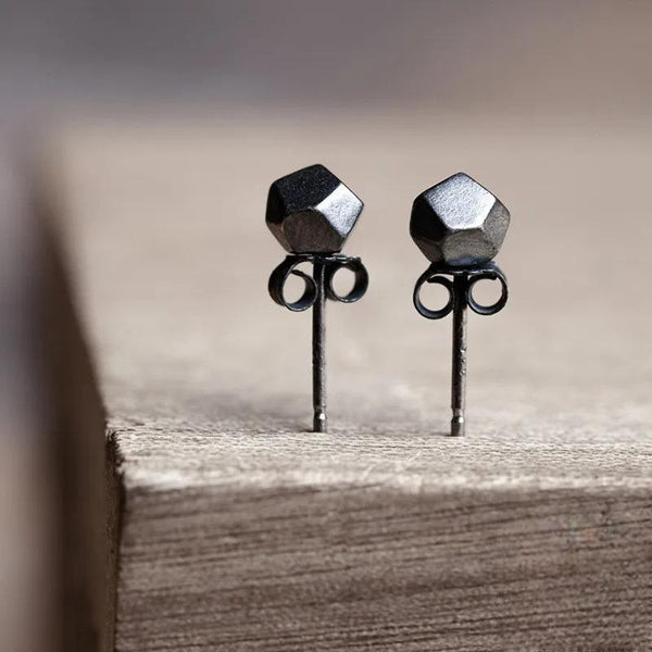 Oxidized Black 925 Sterling Silver Three-dimensional Geometric Shape Stud Earrings