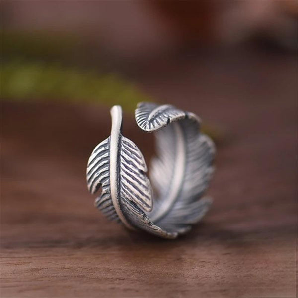 Genuine Retro 925 Sterling Silver Jewelry Not Allergic Personality Feathers Opening Ring