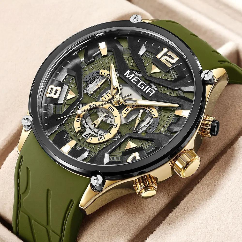 Olive Green Sport Watch Men Fashion Silicone Strap Waterproof Chronograph Quartz Wristwatch