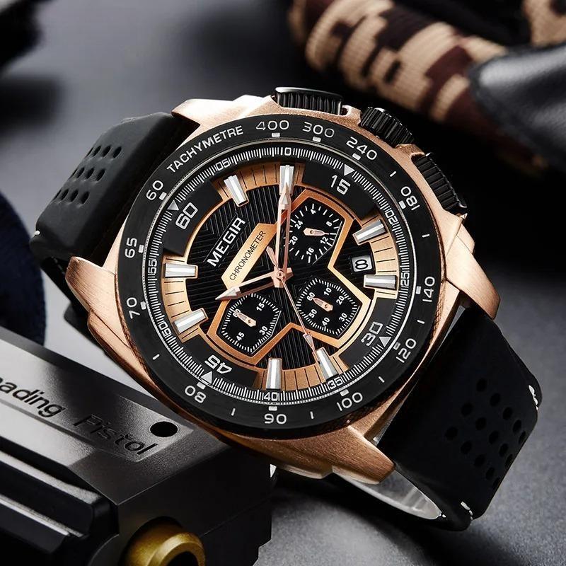 Males Mens Chronograph Sport Watches with Quartz Movement Rubber Band Luminous Wristwatch