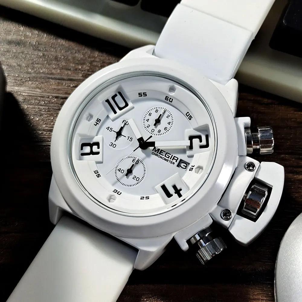 Military Sport Watches Men White Silicone Strap Chronograph Quartz Wristwatch