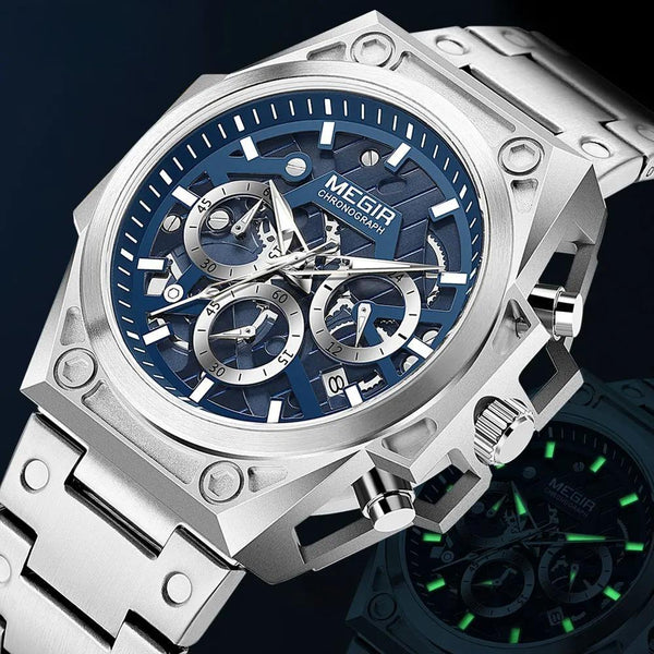 Blue Watch Men Stainless Steel Dress Wrist Watch Man Waterproof Chronograph Quartz Watches