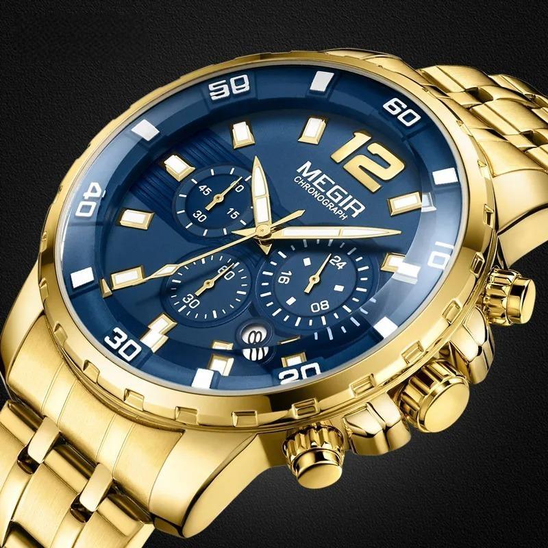 Men's Gold Stainless Steel Quartz Watches Business Chronograph Analgue Wristwatch for Man