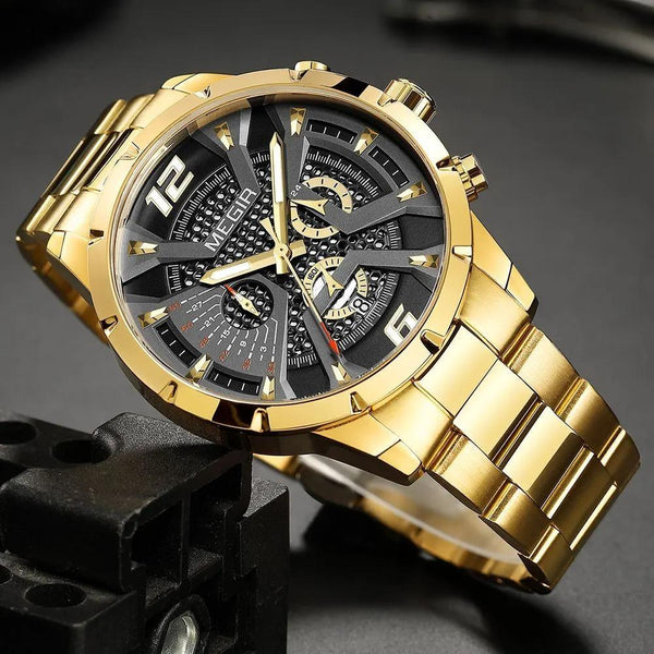 Gold Dress Quartz Watch for Men Fashion Waterproof Chronograph Analog Wristwatch