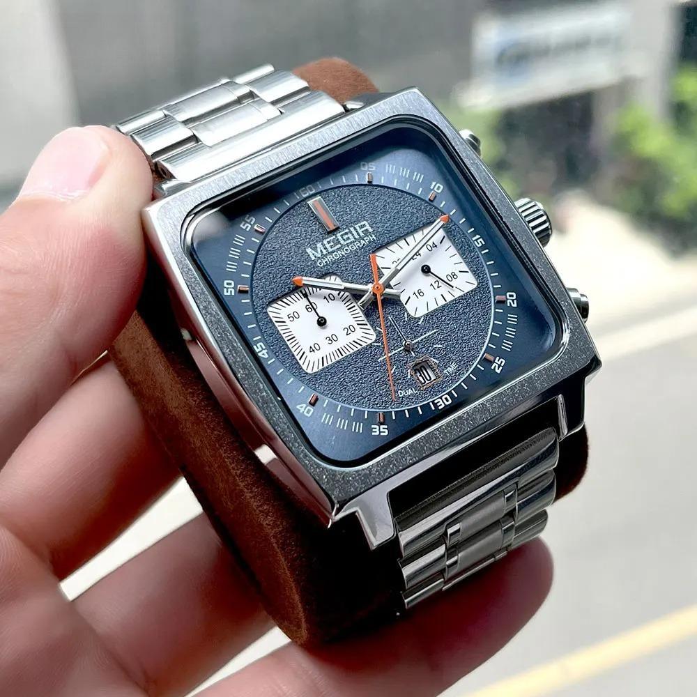 Sport Quartz Watch Men Silver Blue Chronograph Dress Wristwatch