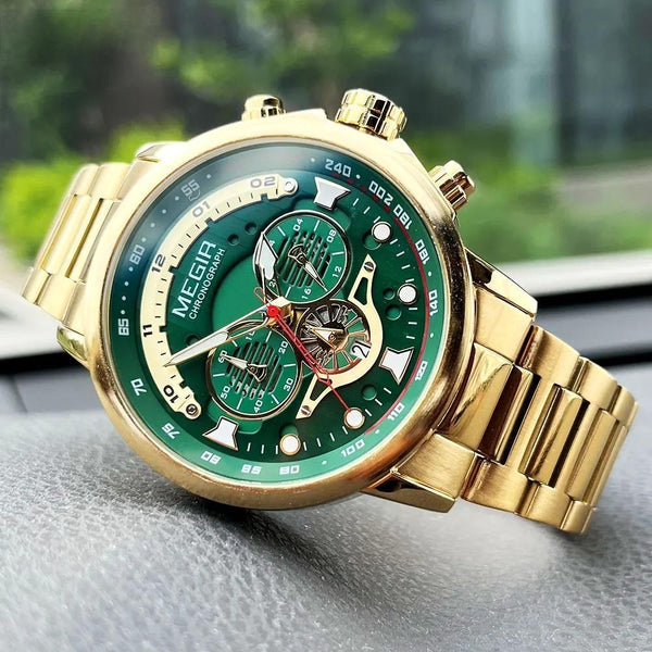 Gold Green Quartz Watch for Men Fashion Stainless Steel Chronograph Luminous Wristwatch