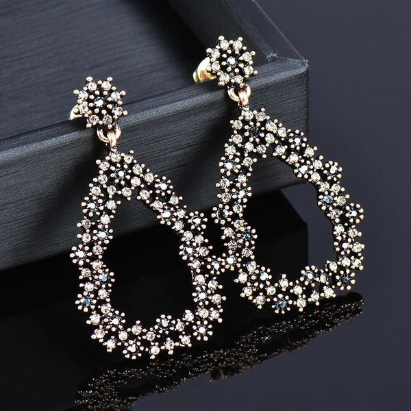 Big Hollow Teardrop Earrings For Women Blue Gray Zircon Long Earring