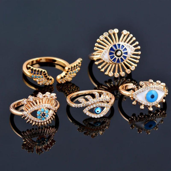 Blue evil eye Angel Wings Mix Styles Gold Color Adjustable Size Rings Women