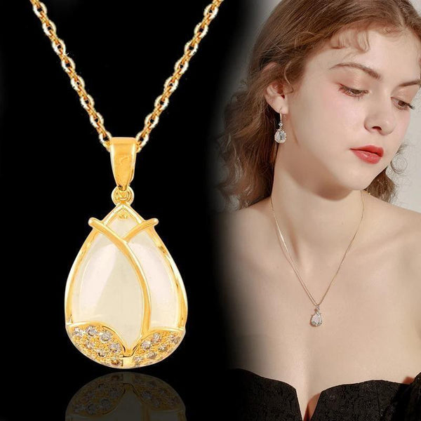 Charm Opal Tulip Flower Pendant Necklace For Women Gold Color Chain