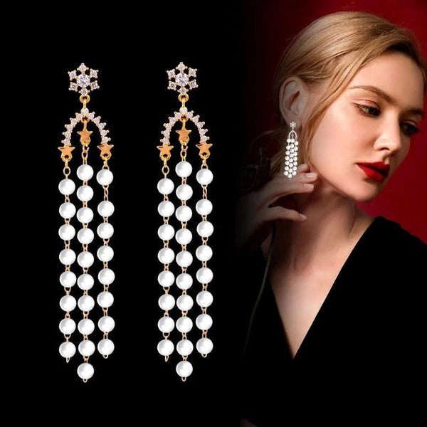 charm white pearls long tassles earrings for women