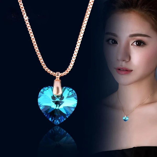 Classic Blue Purple Crystal Heart Pendants Necklace For Women