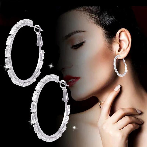 Dazzling Simple Big hoop earrings Silver Color Round Inlay Zircon Crystal Drop Earrings