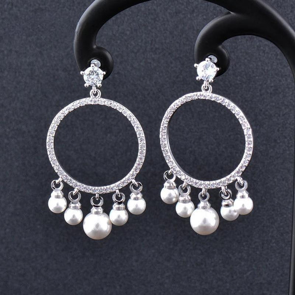 Elegant Crystal Circle Round Earrings Silver Color Pearls Hanging Earrings Woman