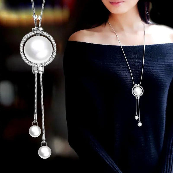 Elegant White Grey Pearl Ball Tassels Pendant Long Necklace Silver Color Chain For Women