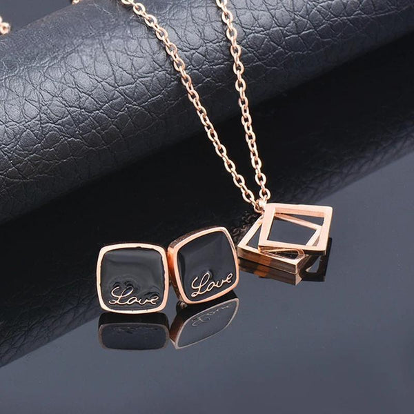 Fashion Stainless Steel Black Square Shape Jewelry Necklace Earring Set