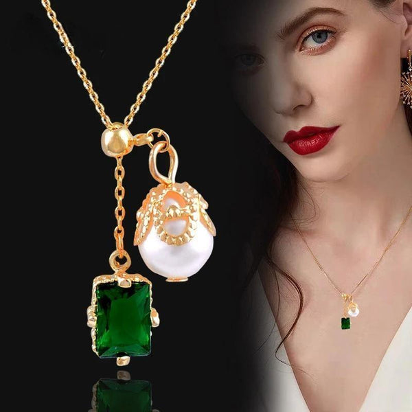 Holiday Style Square Green Crystal Baroque Pearl Pendant Necklace Women